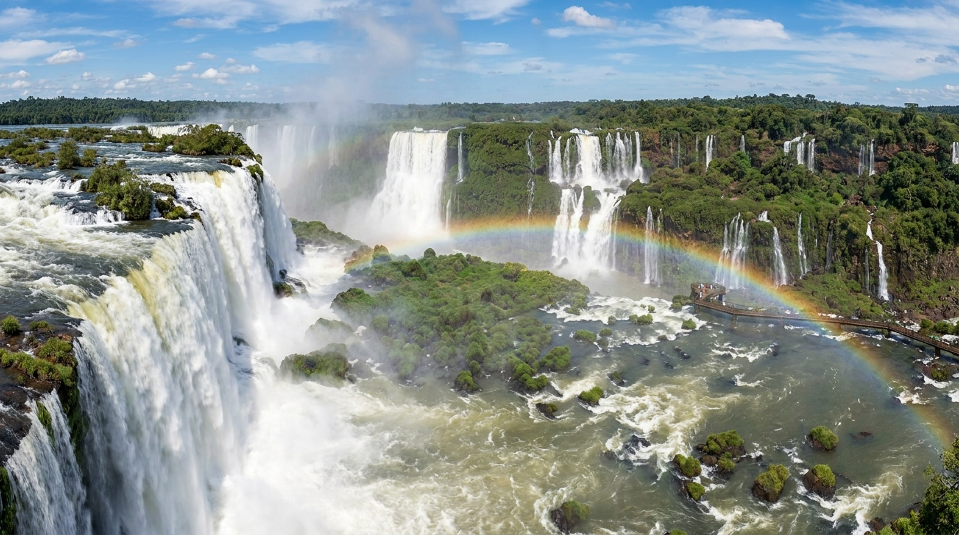 Cataratas do Iguaçu no Paraná — Garganta do Diabo com arco-íris e floresta tropical, uma das maiores maravilhas naturais do mundo