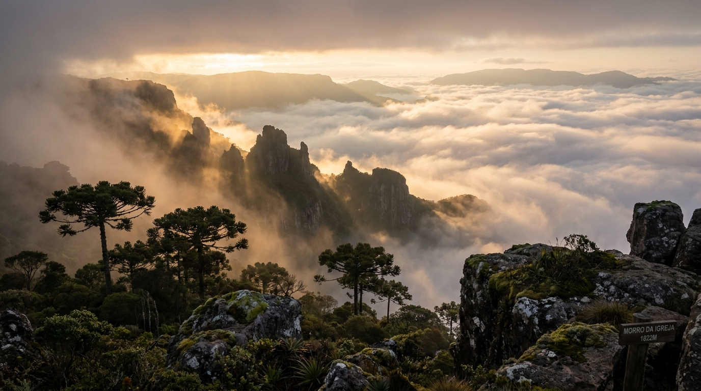 Morro da Igreja em Urubici — mirante a 1.822 metros com mar de nuvens ao nascer do sol, ponto mais alto acessível de Santa Catarina